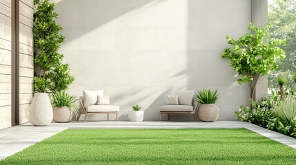 A modern outdoor seating area on artificial grass surrounded by potted plants