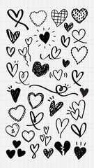Doodle hearts in various styles, black and white hearts, sketchy heart designs, playful heart patterns, artistic heart doodles, love-themed heart illustrations. Hand drawn Valentine's Day vector set.