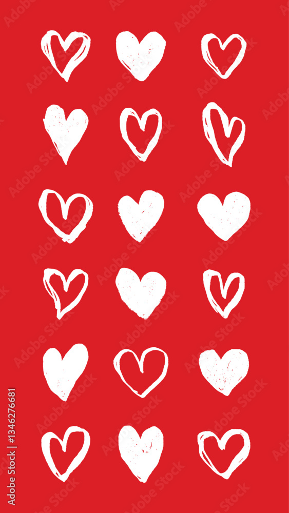Poster red background with white hand-drawn hearts. various heart shapes in white. simple heart pattern on 