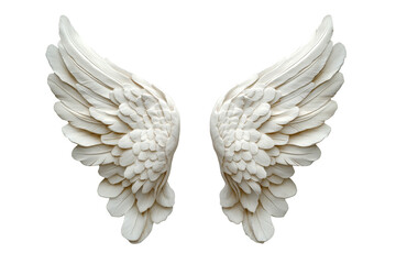 Delicate white angel wings with feather and layered feathers isolated on transparent background