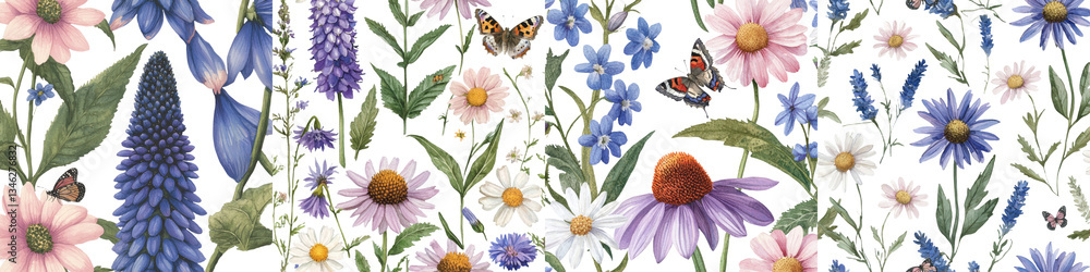 Poster a seamless pattern of echinacea and bluebell flowers is created using watercolor drawings and floral