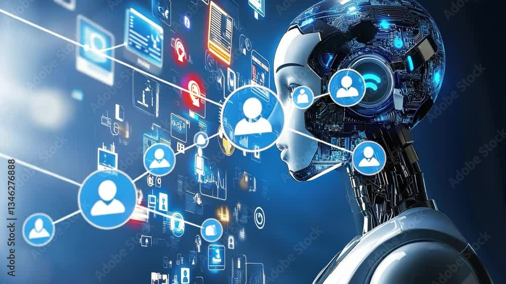 Poster futuristic humanoid robot profile adorned with digital elements and icons representing communication
