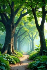 Serene Pathway Through a Lush, Sun-Dappled Canopy of Ancient Trees
