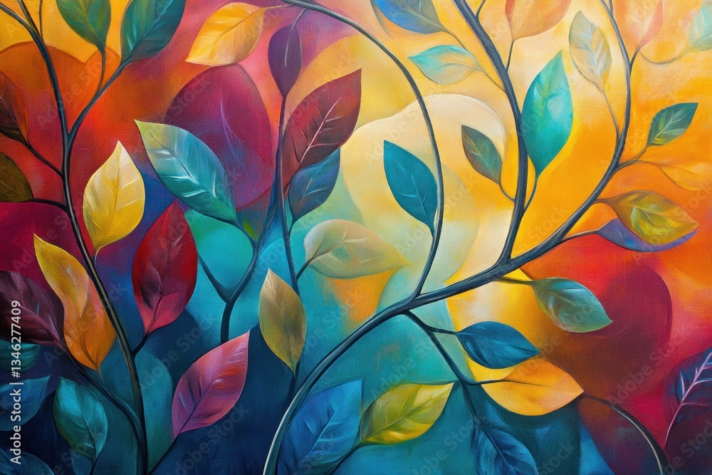 Poster vibrant abstract leaves in a colorful background, showcasing artistic expression through dynamic sha