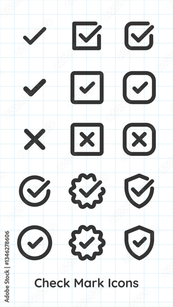 Poster set of check mark icons in various styles. includes check marks, checkboxes, and shields. simple, bo