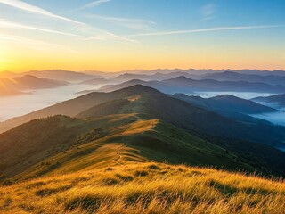 Fototapeta premium The Scenic Golden Sunlit Landscape of Mountainous Ridges at Dawn