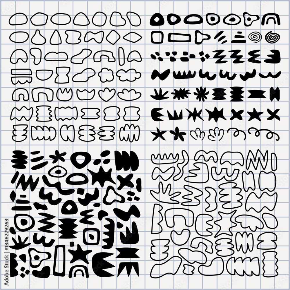 Poster abstract shapes in black and white, featuring diverse geometric forms. the abstract design includes 