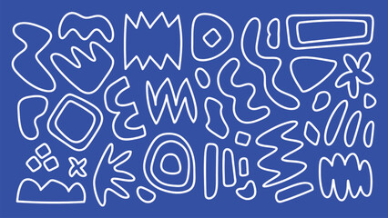 Abstract shapes on a blue background. White abstract shapes create a dynamic pattern. Abstract shapes include zigzags, circles, and waves. Bold abstract shapes. Funky shapes vector set.