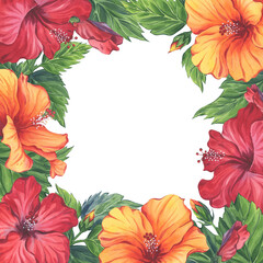 Watercolor hibiscus floral frame for cards. Vibrant red and orange flowers and lush green leaves. Hand-painted illustration