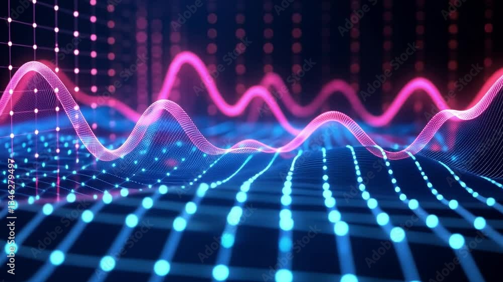 Poster colorful abstract data visualization with vibrant wavy lines and dots representing information flow 