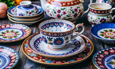 Beautiful set of decorative tableware on a wooden table