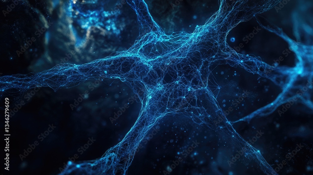 Poster blue abstract network structure with illuminated nodes and background
