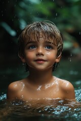Fototapeta premium Young boy in water looks up at falling rain in lush, green jungle setting