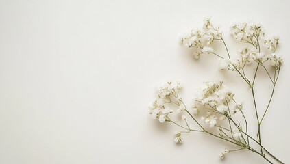 Two white flowers of baby's breath on the right side, on a light background.