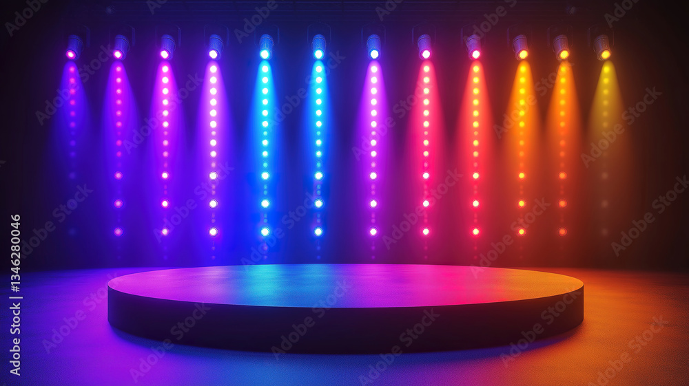 Poster empty stage with vibrant colored neon lights creating a futuristic presentation scene