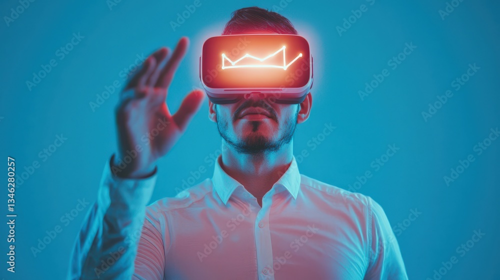 Poster strategic planning leadership optimization concept. person using virtual reality headset with a digi
