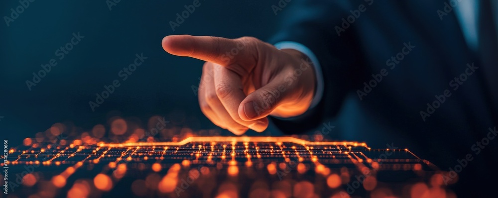 Poster strategic planning leadership optimization concept. hand pointing at a digital interface with glowin