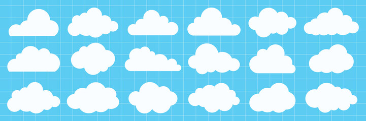 Collection of white cloud icons on a blue grid background. Clouds vary in shape and size. Simple cloud designs on a blue grid. Perfect for weather themes. Weather element vector set.