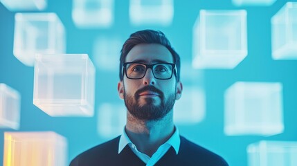 Strategic planning leadership optimization concept. A man gazes thoughtfully at floating digital cubes against a blue background.