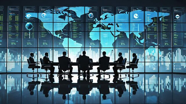 Business Professionals in a Conference Room with Digital Global Data Visualizations and Stock Market Analysis


