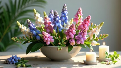 Serene spring floral arrangement in a simple bowl, complemented by softly glowing candles on a wooden surface.