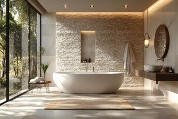 Modern and luxurious bathroom with a large window showing a forest, featuring a bathtub, sink, and natural stone wall