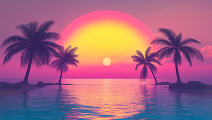 Vaporwave poster of a retro sunset with a rainbow, palm trees, and an ocean.