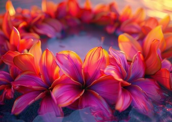 Vibrant tropical flowers float in serene water at sunset.