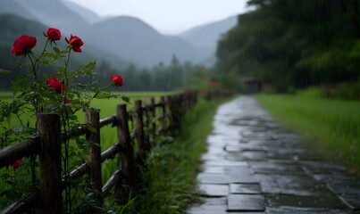 Rainy landscape and wooden fence covered with red roses, Generative AI