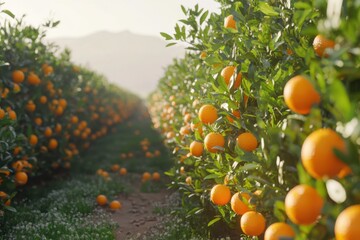 Golden oranges thrive in a sunlit grove during harvest season, surrounded by vibrant green leaves
