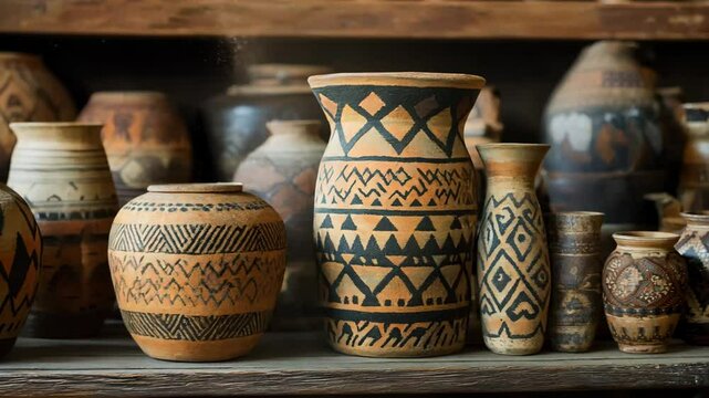 A collection of handcrafted pottery featuring intricate tribal patterns and earthy tones, displayed on a rustic wooden shelf. These artisan clay vessels showcase traditional designs, blending cultural