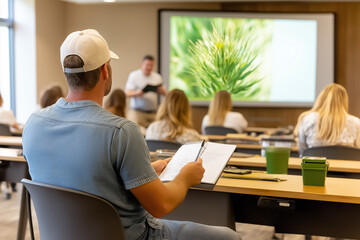 A group of learners focuses intently on a presentation about plant biology, with one student taking notes. The classroom is well-lit, promoting an engaging educational experience