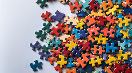 Jigsaw Puzzle Pieces: A vibrant collection of jigsaw puzzle pieces, each a different color, scattered in a captivating pattern. Symbolizing problem-solving, creativity.