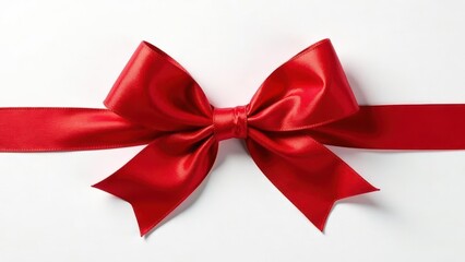 A vibrant crimson satin ribbon tied in a classic bow, elegantly presented on a pristine white backdrop, perfect for festive celebrations and gift-wrapping projects