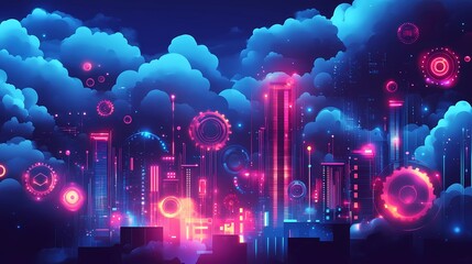 Surrealism illustration of Business Innovations, featuring a futuristic cityscape where skyscrapers are made of glowing gears and circuits, with abstract shapes representing ideas floating in the air
