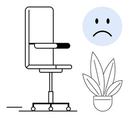 Office chair with wheels sits unattended next to a sad face emotion and a potted plant. Ideal for themes of workplace dissatisfaction, absenteeism, remote work challenges, mental health, employee