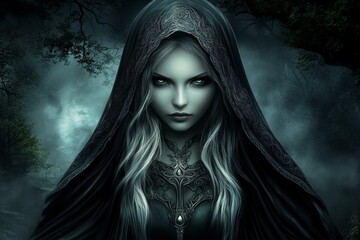 Fototapeta premium A mysterious woman in a dark hooded cloak, standing in a misty forest with an enigmatic gaze