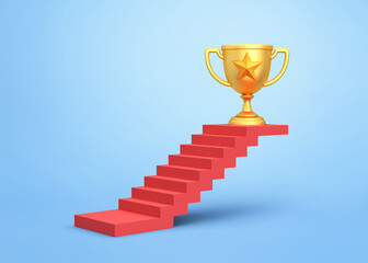 Golden trophy cup at the top of the stairs. Business success concept. Clipping path included
