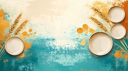 World Hunger Day celebration in bohemian flat illustration style, showcasing a variety of symbolic elements like empty plates, wheat, and a globe, with a unique and harmonious color palette