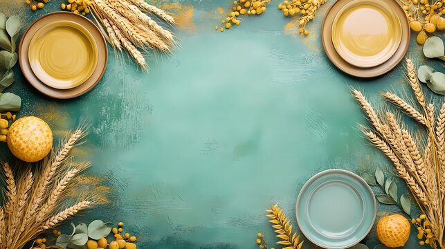 World Hunger Day celebration in bohemian flat illustration style, showcasing a variety of symbolic elements like empty plates, wheat, and a globe, with a unique and harmonious color palette 