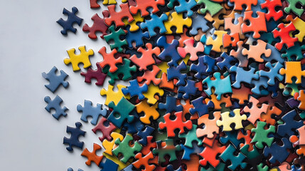 Jigsaw Puzzle Pieces: A vibrant collection of jigsaw puzzle pieces, each a different color, scattered in a captivating pattern. Symbolizing problem-solving, creativity.