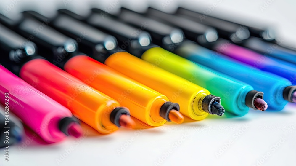 Poster vibrant markers in rows with colorful tips for creative projects