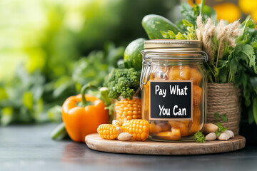 In a cozy kitchen nook, colorful fresh produce is arranged around a jar labeled Pay What You Can, promoting community engagement and support for local farmers in an inviting setting