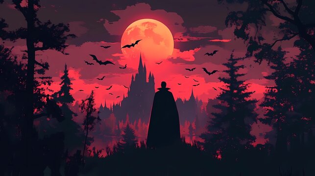 Bohemian flat illustration of World Dracula Day, showcasing a mysterious scene of Dracula standing in front of a gothic castle, surrounded by bats, full moons, and dark forests, with a harmonious and 