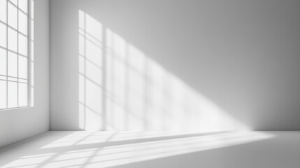 Obraz premium Minimalist white studio background with soft natural light and blurred window shadows, ideal for product presentation and branding display. Clean, modern, and neutral backdrop for showcasing merchandi
