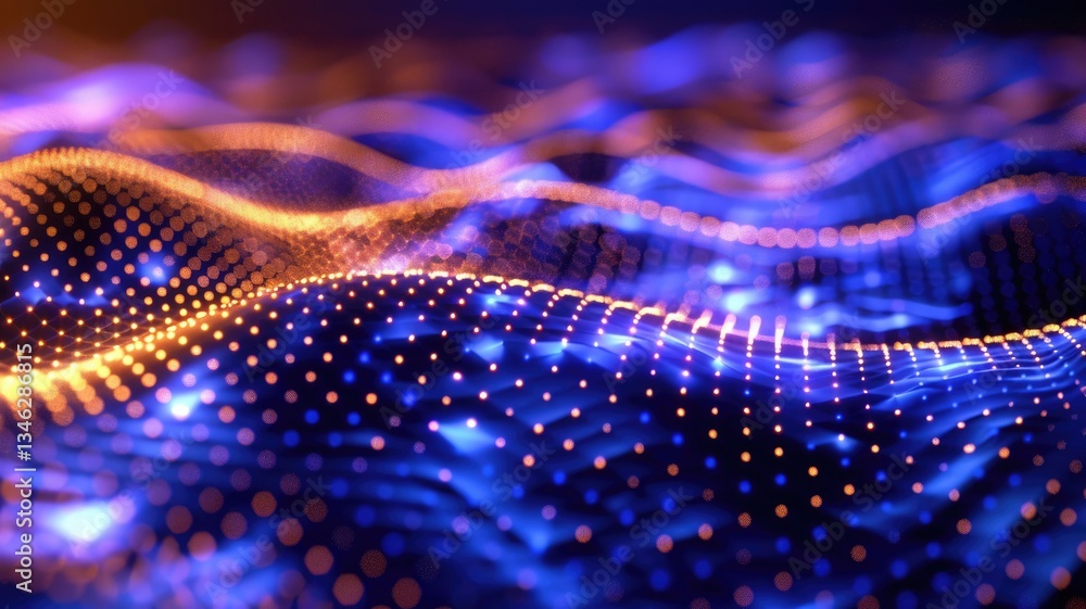 Poster abstract glowing wireframe waves on a dark background. digital art for design of global connection w