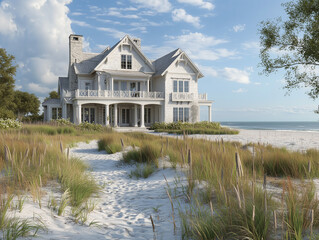 Luxurious beach house with ocean view and sandy path