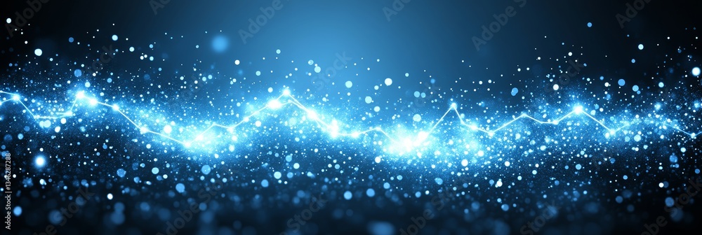 Poster blue glowing wavy line with particles and bokeh effect stretching across a dark abstract background