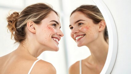 The woman smiling softly as she looks in the mirror, her red spots and rash visibly improved after consistent skincare treatment, isolated on a clean background.