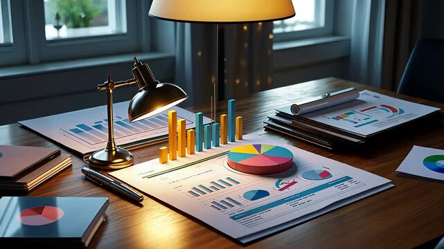 Business Desk with Financial Charts, Graphs, and Pie Charts Under a Desk Lamp in a Bright Office Setting

